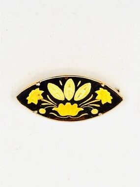 Vintage Damascene Gold Tone Black Floral Oval Fan Shaped Brooch Pin